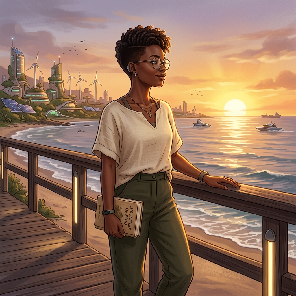 Futuristic illustration of a woman reading at sunset