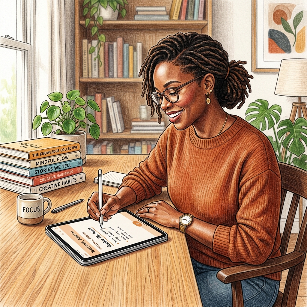 Black woman using iScrev Notes on a tablet