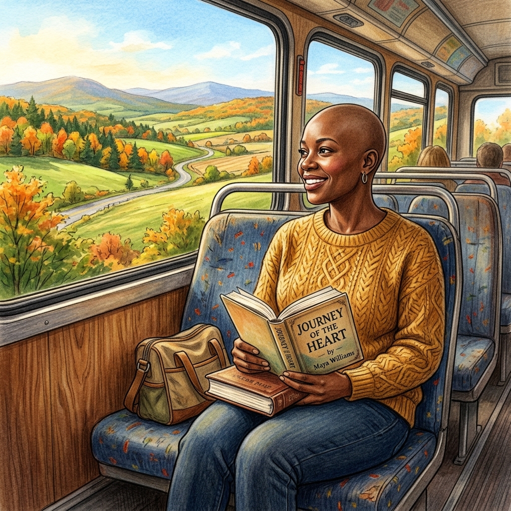 Bald Black woman reading a book on a bus