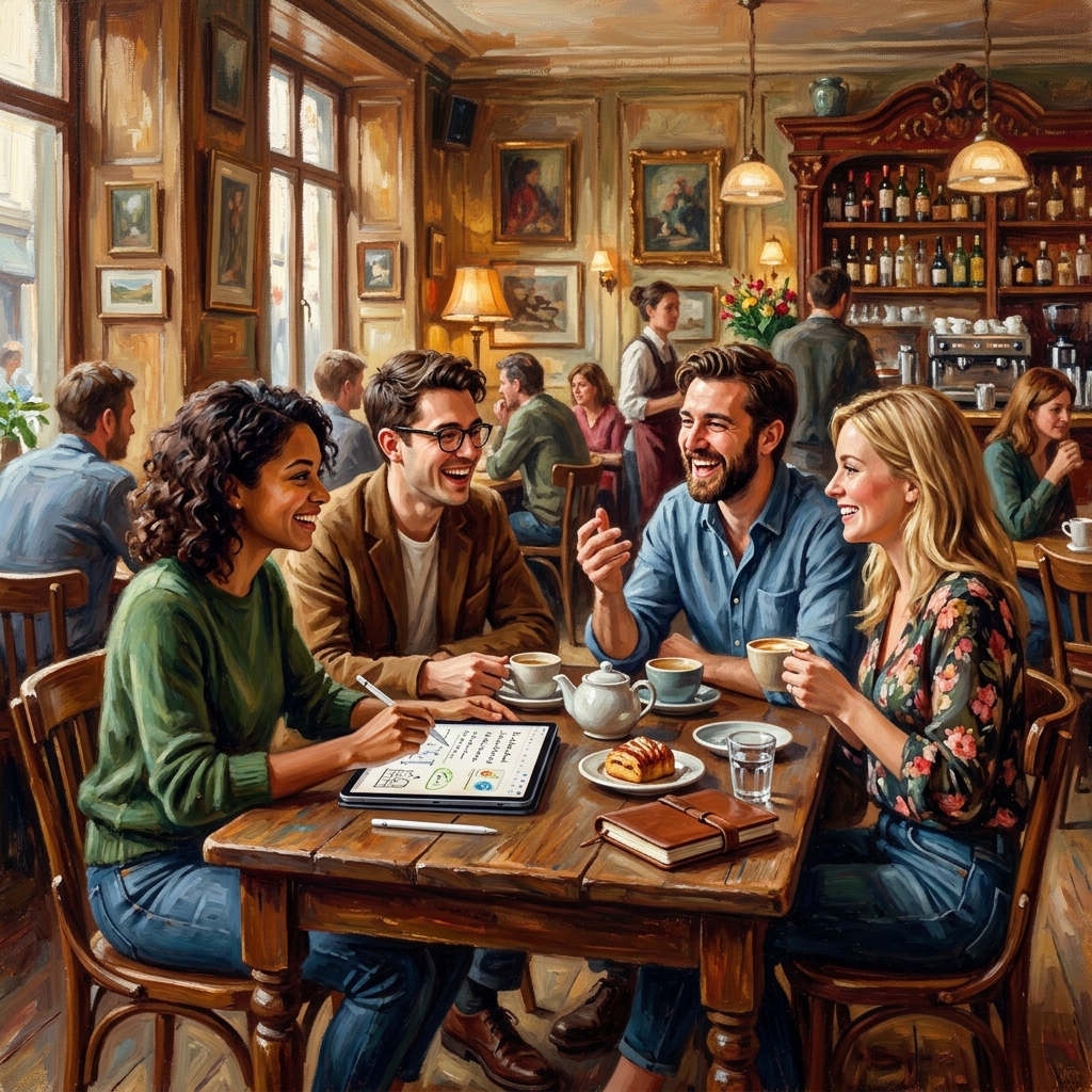 Oil painting of people in a cozy cafe using iScrev