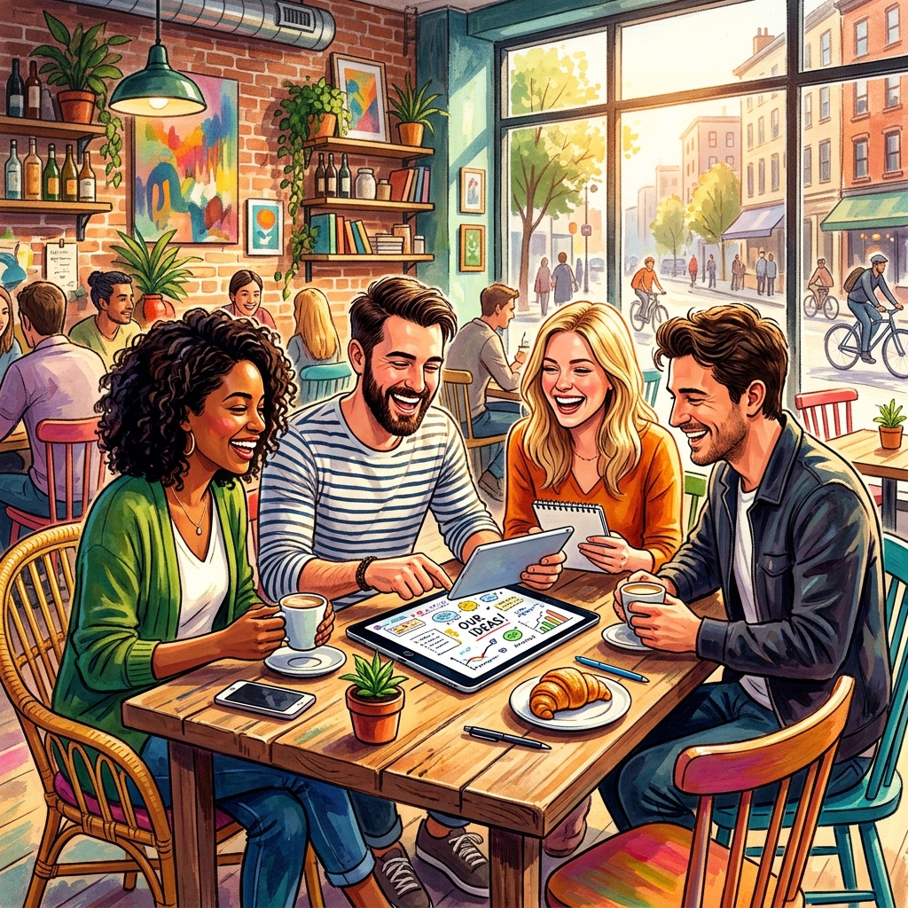 Friends in a sunny cafe using iScrev